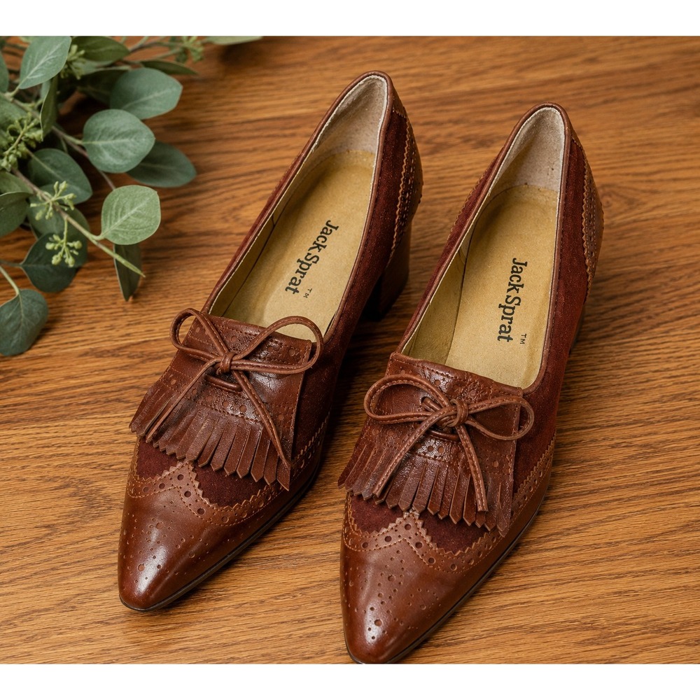 Jack Sprat‎ Vintage 90s Kiltie Brogue Heels 7B Brown Suede Leather Spain Wingtip